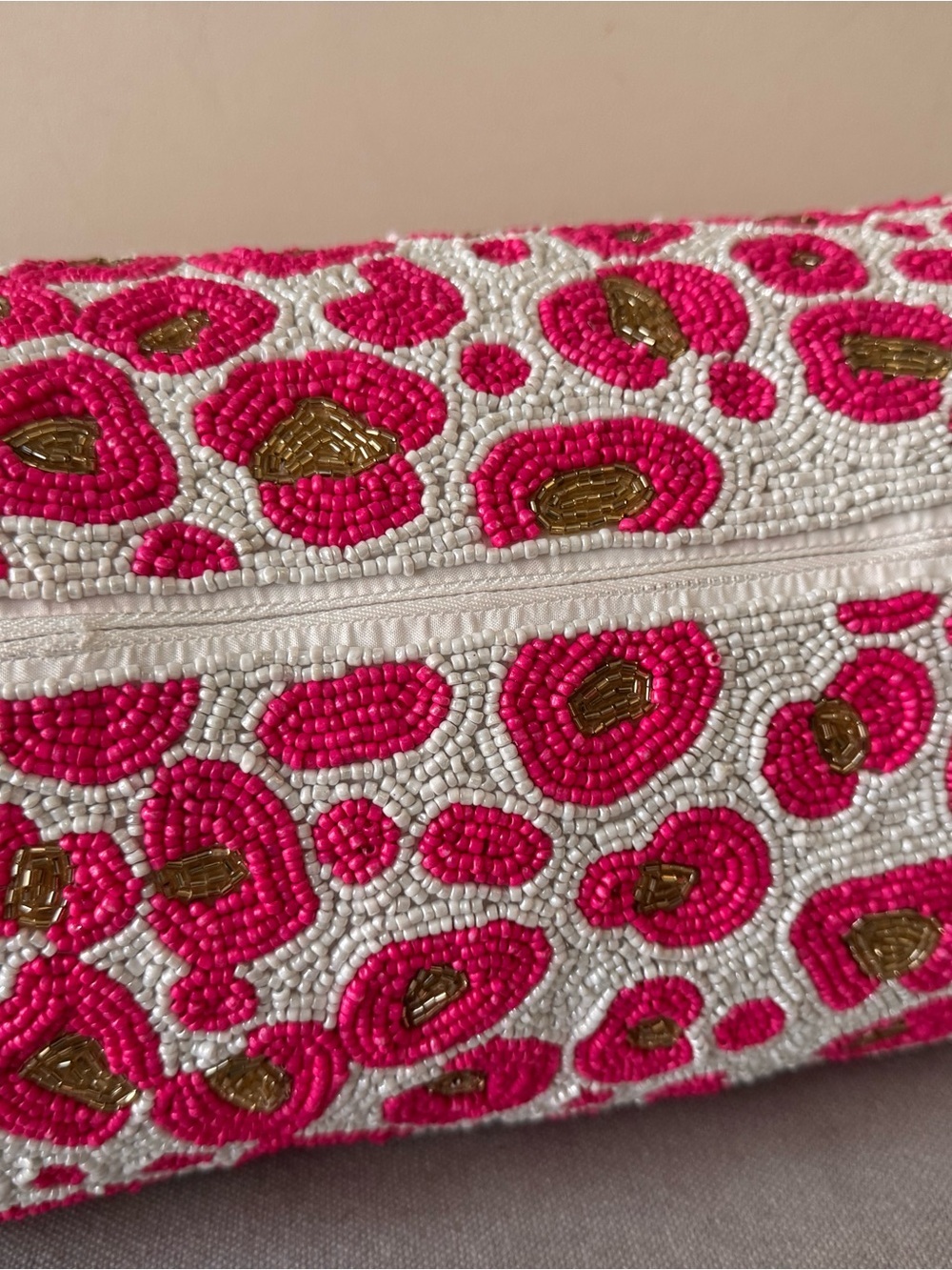 Beaded Cylindrical pillow  Pink White Gold decorative  animal print - Picture 4 of 11